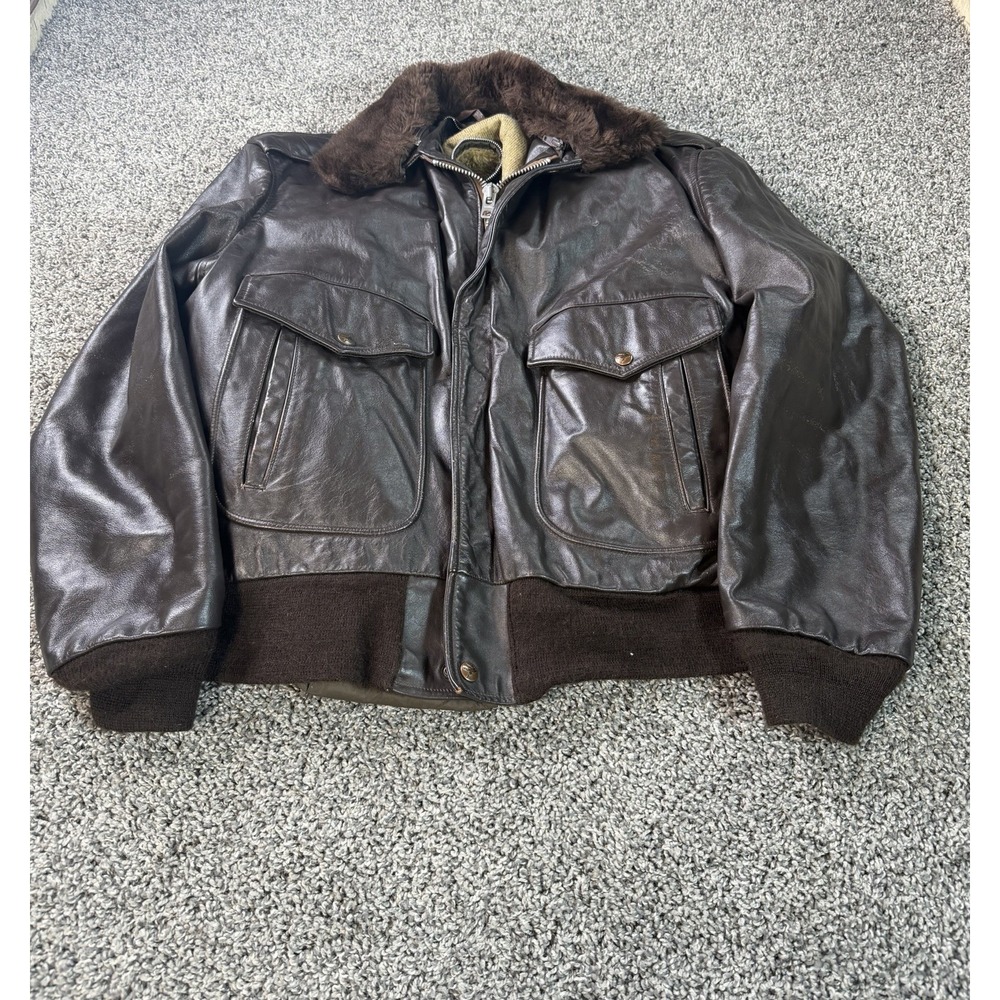Vintage Golden Fleece Leather Bomber Jacket Men's Size 46 Brown Fur Collar
